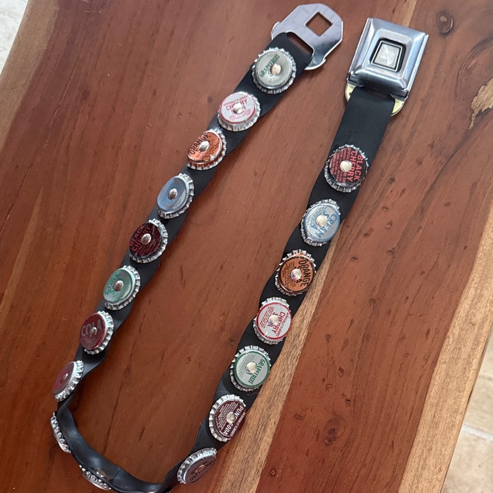 Authentic Little Earth Black Leather Belt with Vintage, Rare Bottle Cap Accents